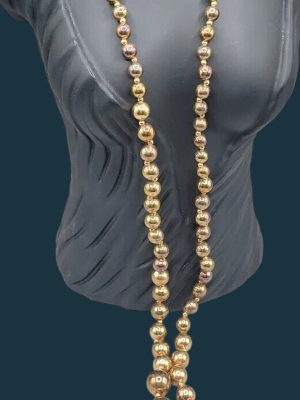 Vintage Dauplaise Necklace 38" Graduated Gold Tone Metal Bead Pat Pend 3984900